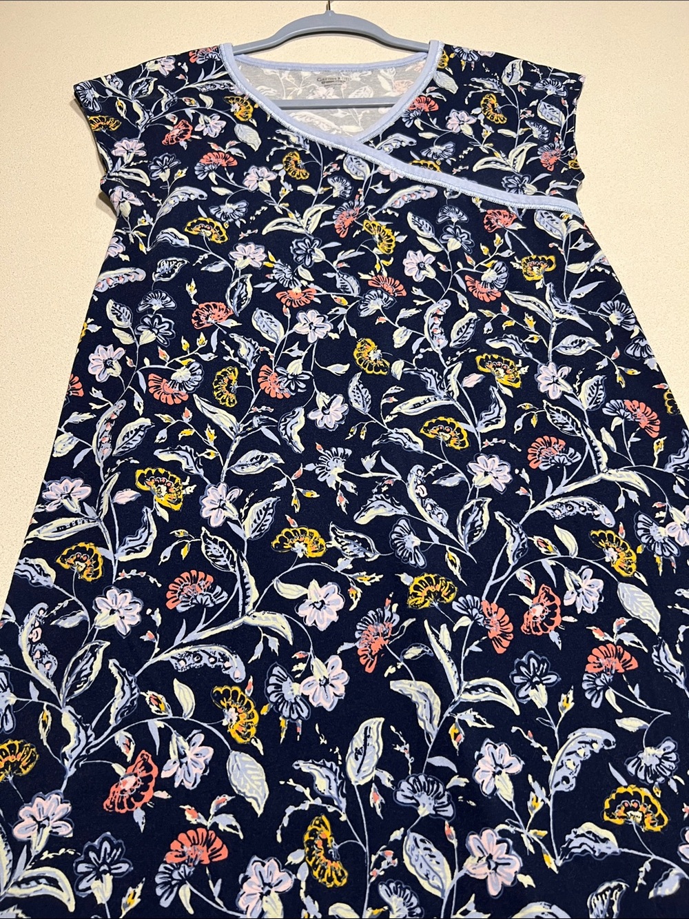 Garnet Hill Asian Wrap Cotton Nightgown Cap Sleeve Size Small. Navy floral. - Picture 4 of 10